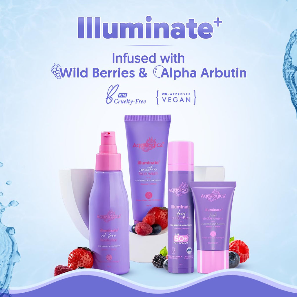 Aqualogica Illuminate+ Oil-Free Moisturizer with Wild Berries & Alpha Arbutin for Luminous Glow - Normal, Dry & Combination Skin -Hydration & Even Skin Tone for Men & Women | 100 g