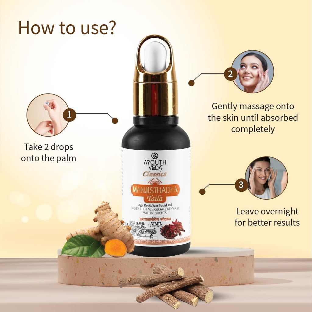 Ayouthveda Manjisthadya Taila | Nourishes Skin Tone With Goat Milk & Matulunga| Helps To Restore Dull Skin | Work As Natural Skin Illuminator | Anti-Aging Facial Oil (Pack Of 1-30ml)