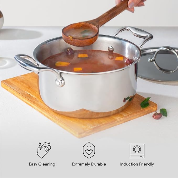 Stahl Triply Stainless Steel Casserole With Glass Lid | Artisan 4122 | 22 Cm | 3.8 Liters