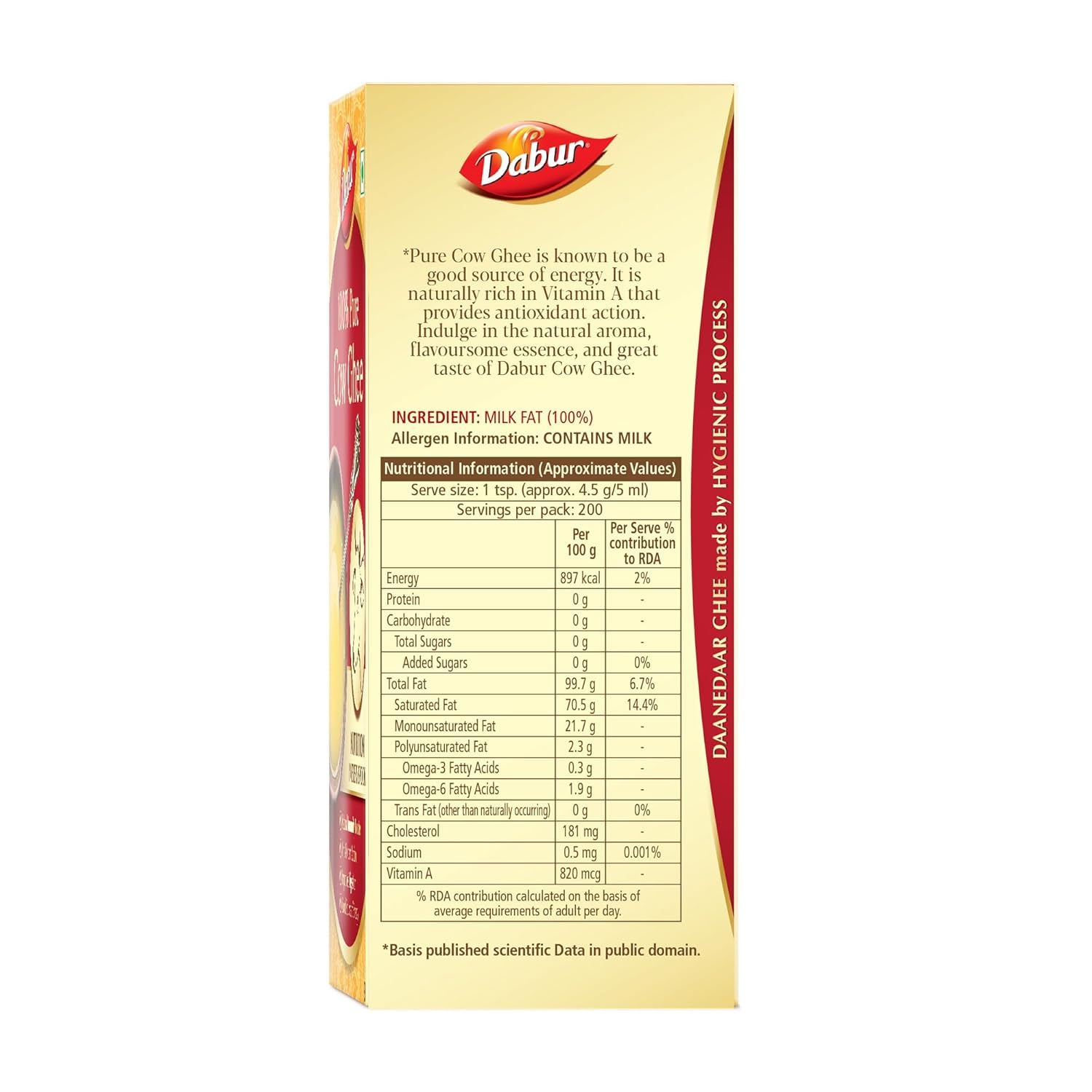 Dabur 100% Pure Cow Ghee - 1l (902g) | Daanedaar with Rich Aroma | Rich in Vitamin A | Provides Energy/Source of Energy