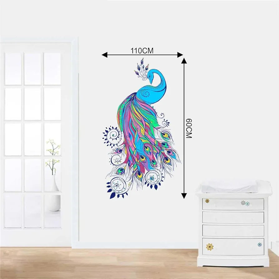 Rawpockets Decal Bluish Peacock Wall Sticker Height 60cm X Width 110cm