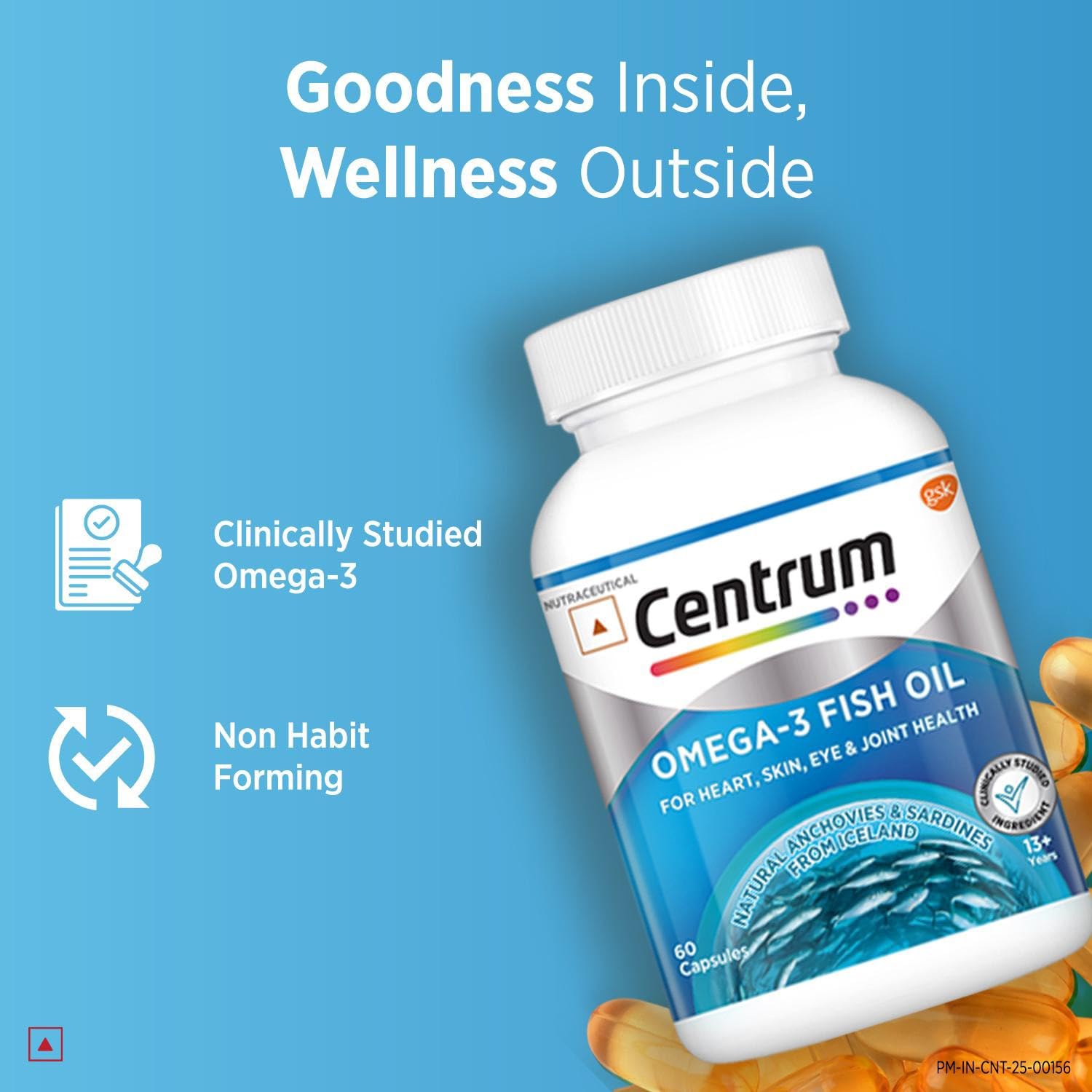 Centrum Omega 3 Fish Oil Capsules 1000mg Supplements | Omega 3 with 180mg EPA, 120mg DHA for Hair and Skin Health, Joint Health, Brain Health | No Fishy Aftertaste - 60 Capsules