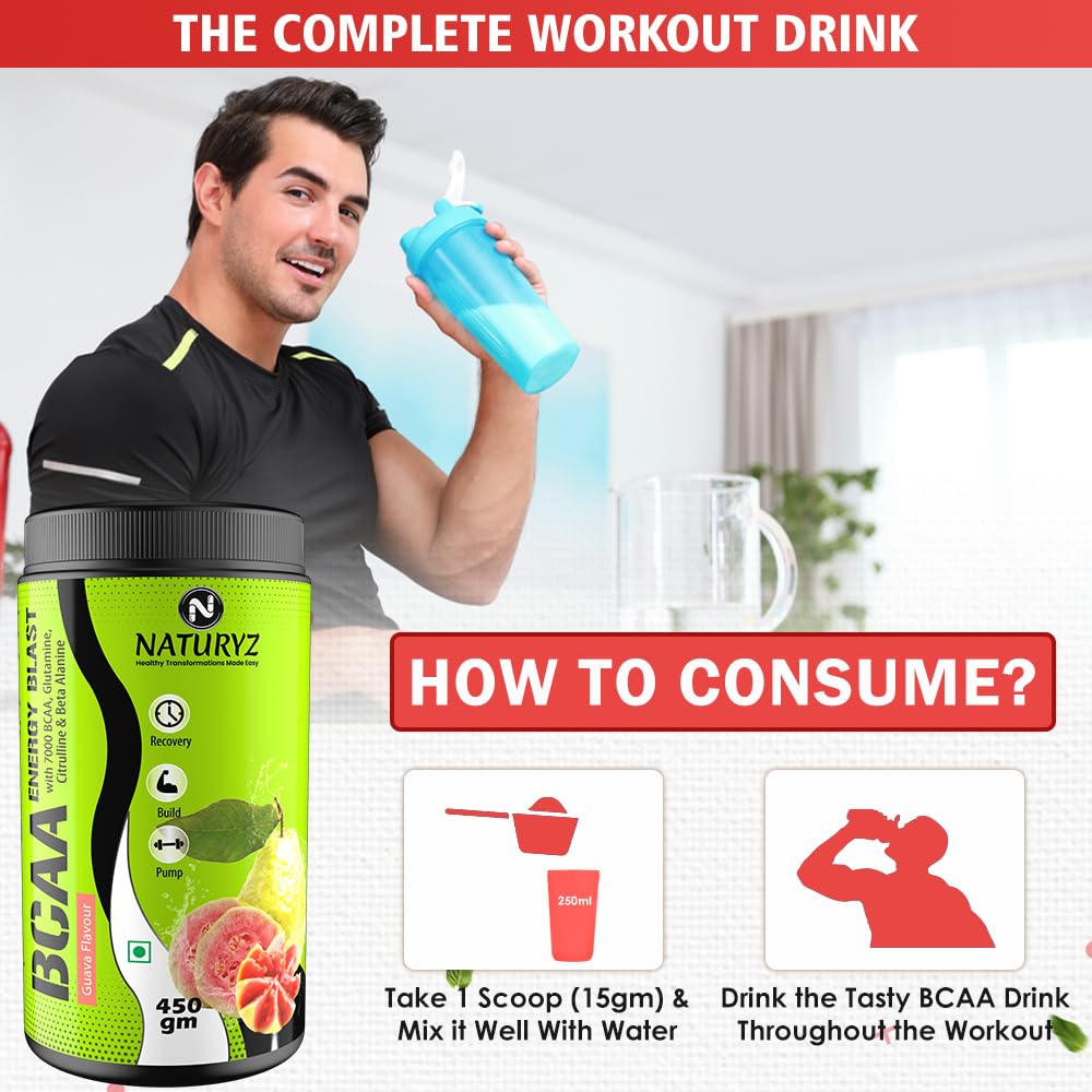 NATURYZ BCAA Energy Blast Pre Intra Post Workout Supplement With 7000 BCAA | Glutamine | Citrulline | Beta-Alanine for Muscle Recovery | Power & Energy-450 Grams(Guava Flavor)