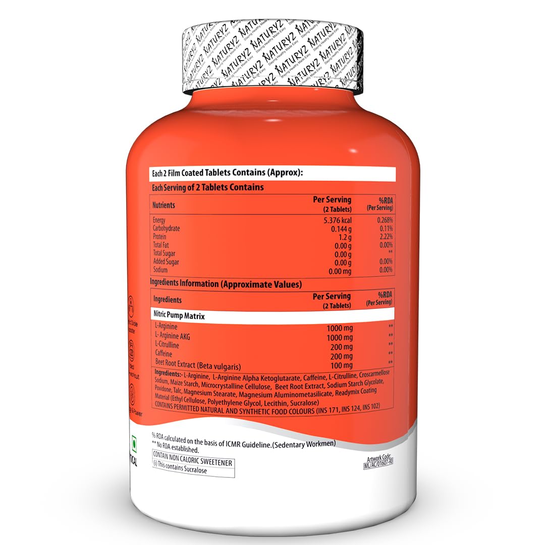NATURYZ Nitric Pump 2500 Mg Extra Strength L-Arginine | L Citrulline | Caffeine | Boosts Stamina | Energy | Increases Blood Flow | Improves Performance | Ideal Pre-workout Supplement for Men & Women- 50 Tablets