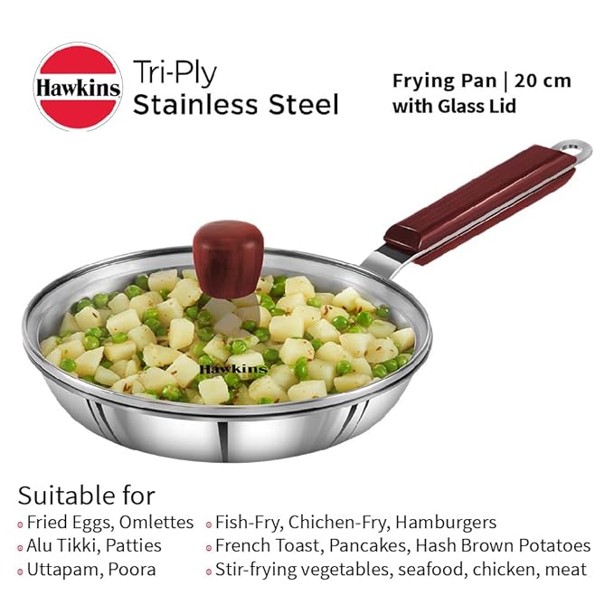 Hawkins 20 cm Frying Pan Triply Stainless Steel Fry Pan with Glass Lid