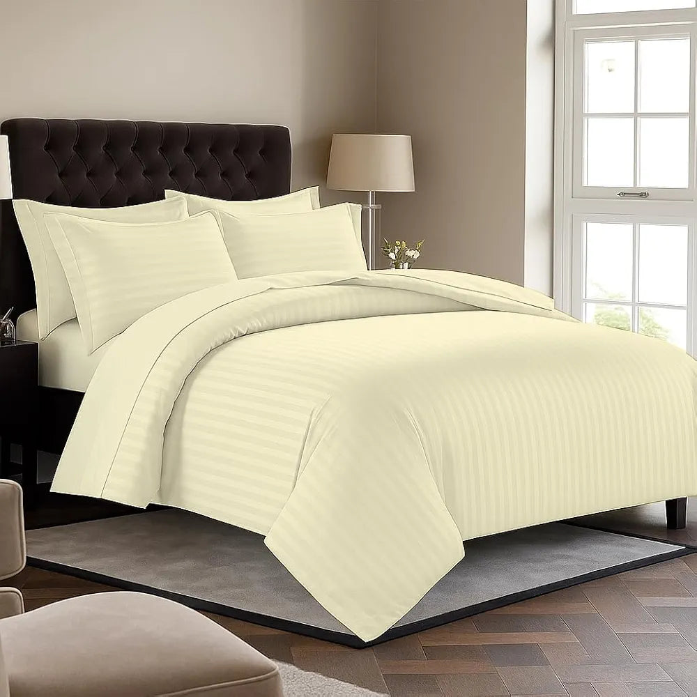Trance Home Linen Zippered 100% Cotton 200 TC Satin Stripe Queen Duvet Cover Quilt Cover with 2 Pillow CoversIvory Colour Cream