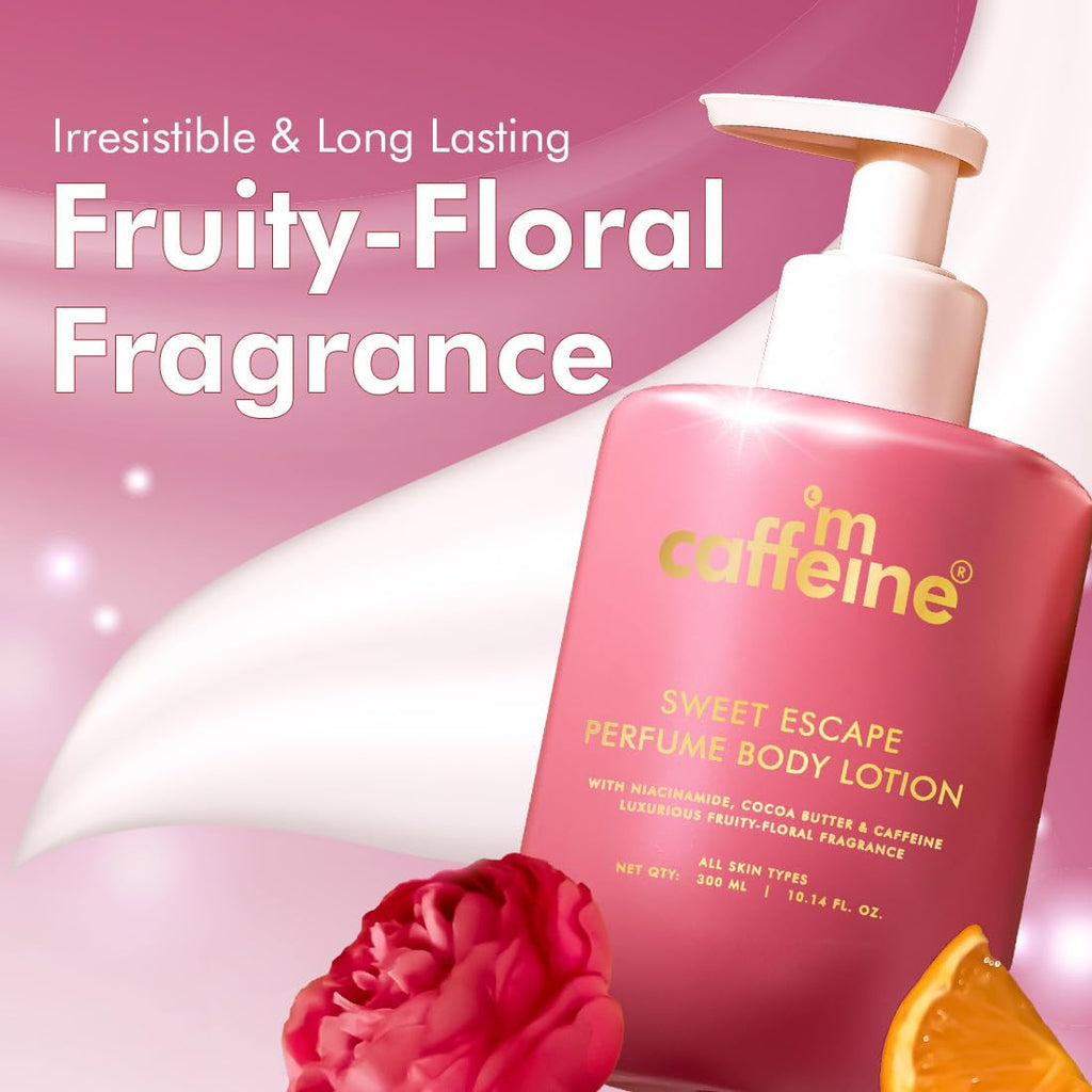 mCaffeine Sweet Escape Perfume Body Lotion 300ml| Niacinamide, Cocoa & Shea Butter | Deep Moisturization for Women & Men | Lightweight, Non-Sticky & Daily Use | Fruity-Floral Fragrance | Summer Body Cream For Dry Skin