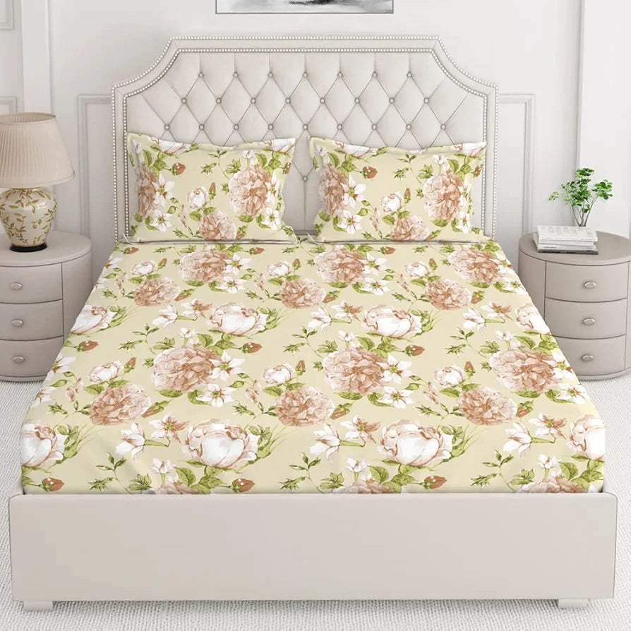 Layers Classic Cotton Bedsheet Set for All Seasons Lightweight 104 TC Queen Size Brown Floral Pattern