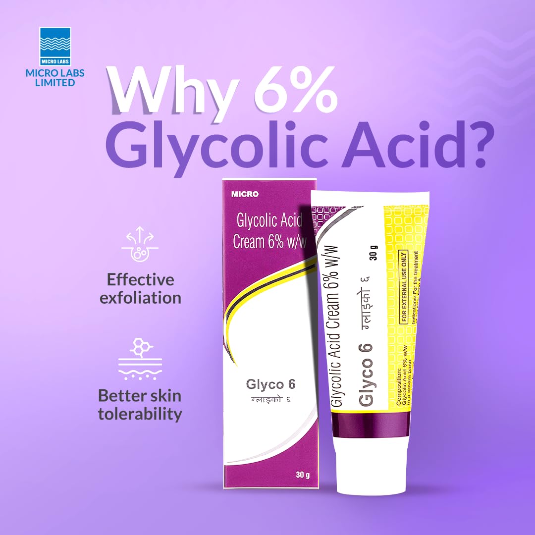Glycolic 6 Acid Cream 6% w/w Exfoliating Face Cream For Acne, Pimples & Dark Spots - 30 Gms