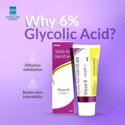 Glycolic 6 Acid Cream 6% w/w Exfoliating Face Cream For Acne, Pimples & Dark Spots - 30 Gms
