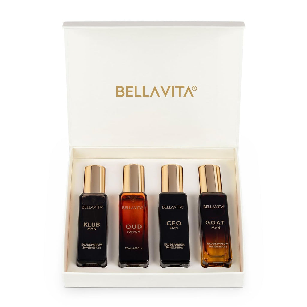 Bella Vita Luxury | Long Lasting Men Perfume Gift Set | 4x20ml | Perfume for Man | Gift for Man | Woody, Citrusy, Oud Premium Fragrance | KLUB, OUD, CEO, G.O.A.T