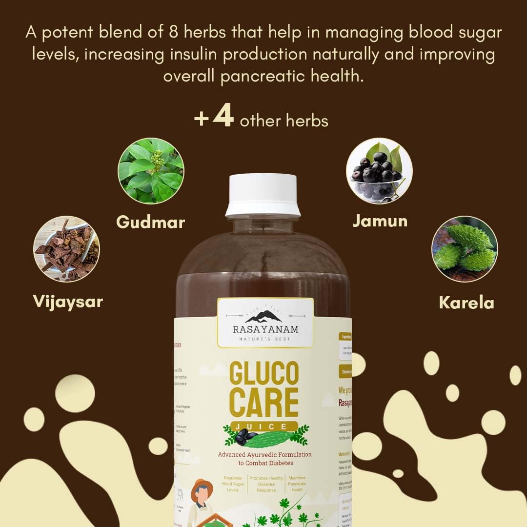 Rasayanam GlucoCare Juice For Diabetes Care | For Blood Sugar Management | Jamun, Karela, Amla, Neem, Methi & More | 100% Natural & Safe | Better Digestion & Gut Health - 750ml