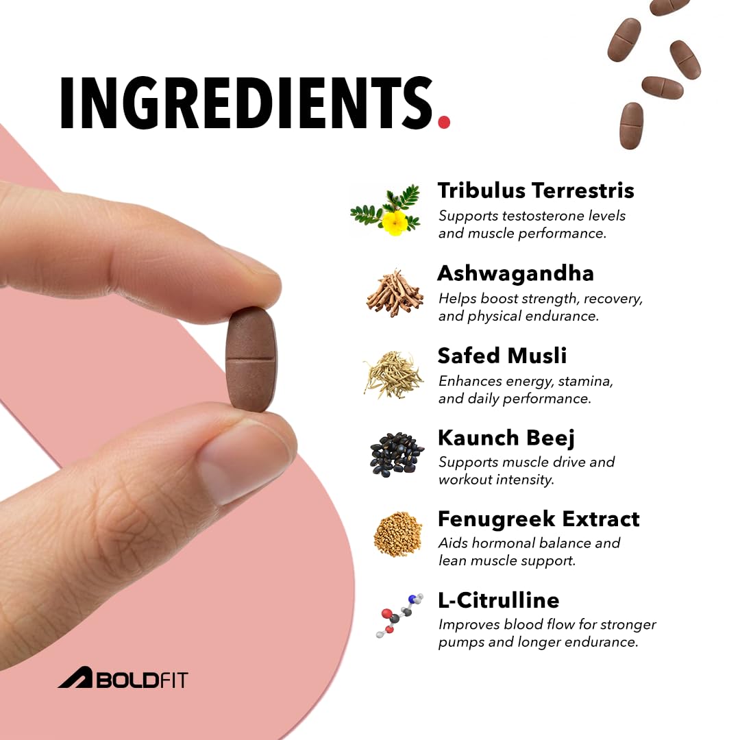 Boldfit Testosterone Booster Supplement for Men with Ashwagandha, Ginseng, Kaunch Beej & Tribulus Terrestris Testo booster for Energy, Strength, Muscle Growth, Stamina & Performance Pre & Post Workout Supplement- 60 Testo Tablet