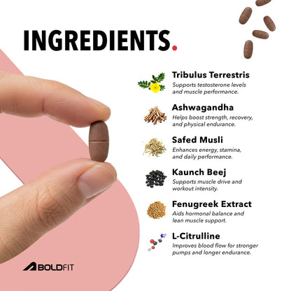 Boldfit Testosterone Booster Supplement for Men with Ashwagandha, Ginseng, Kaunch Beej & Tribulus Terrestris Testo booster for Energy, Strength, Muscle Growth, Stamina & Performance Pre & Post Workout Supplement- 60 Testo Tablet