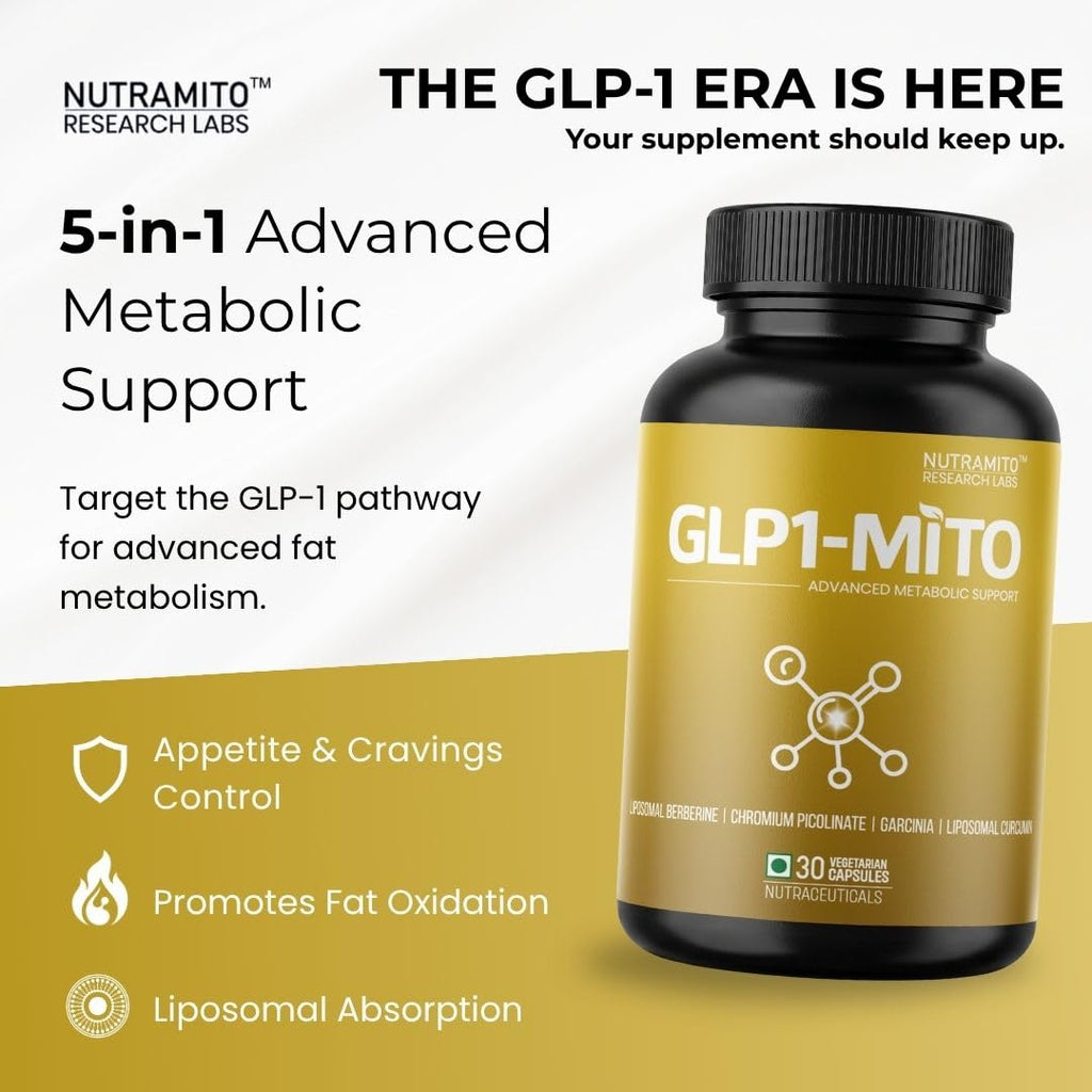 GLP1-MITO | 5-in-1 Weight Management Supplement | Liposomal Berberine, Chromium Picolinate, Garcinia Cambogia & Liposomal Curcumin with Piperine | 30 Veg Caps GLP-1 Supplement