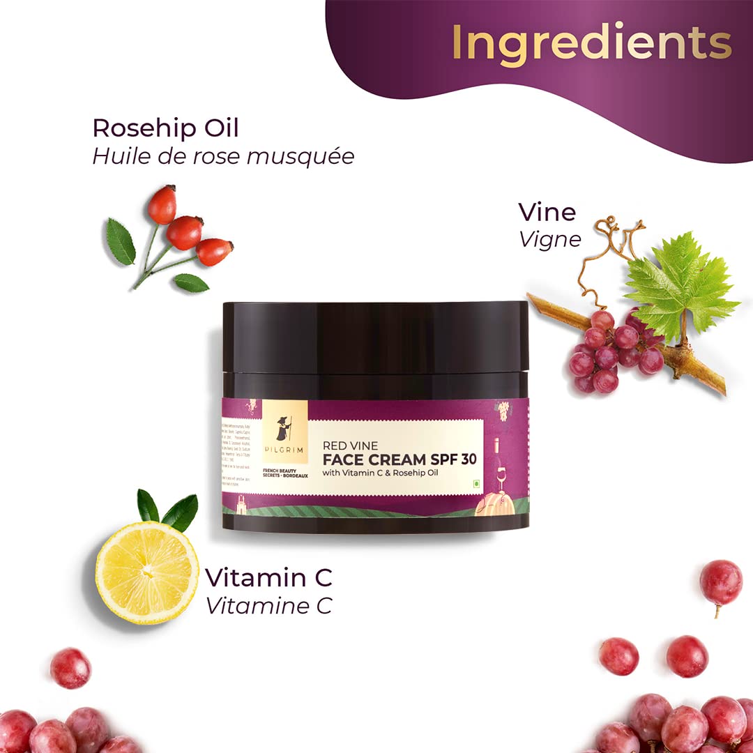 PILGRIM French Red Vine  Face Wash 100ml, Face Cream SPF 30 50gm, & Night Gel Creme 50gm