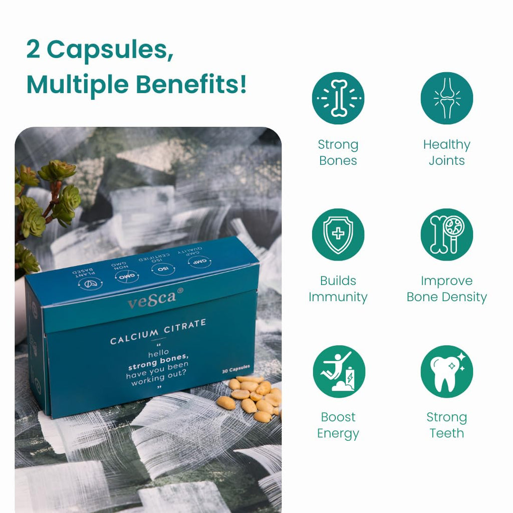 Vesca Calcium Citrate 1200mg with Magnesium, Zinc, Vitamin D & B12 and Vitamin K2 as MK-7, Calcium Supplement for Men & Women for Bone & Joint Health | 250mg_30 Veg Capsules