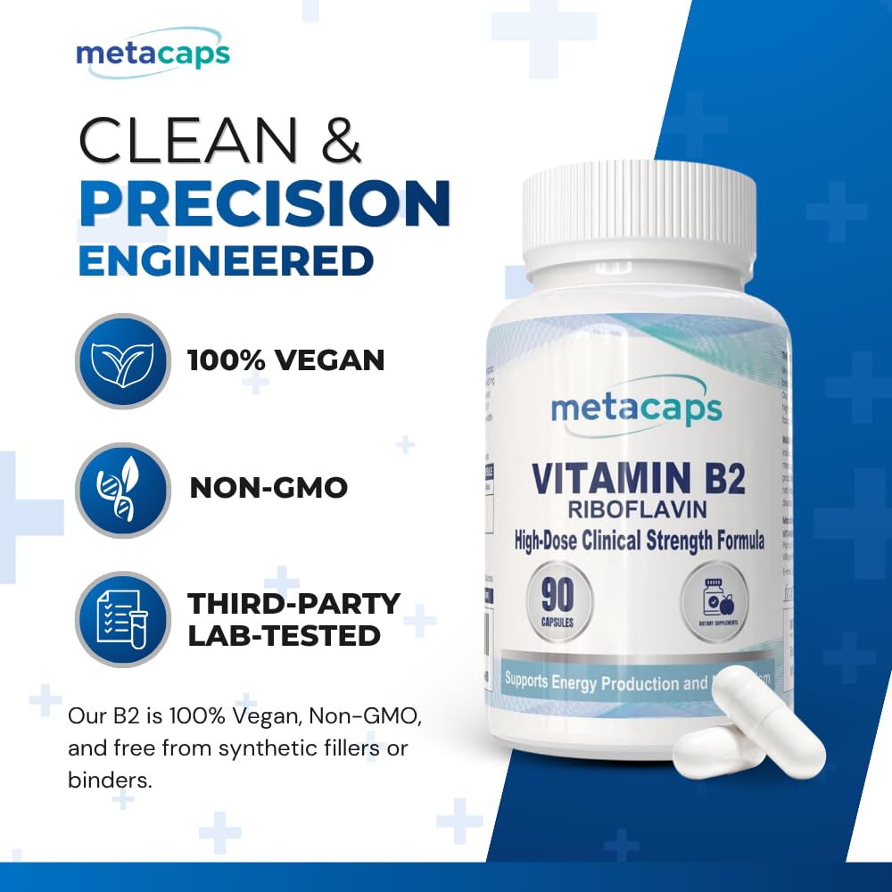 MetaCaps Vitamin B2 Riboflavin– 90 Veg Capsules | High-Potency Metabolic Spark for Energy & Mitochondrial Support | Promotes Neurological Health & Vision