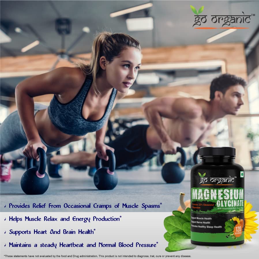 Go Organic Magnesium Glycinate Supplement Glycinate Chelate with Organic Vegetables to Support Sleep, Calm, Muscle Cramp & Stress Relief – Gluten Free, Non GMO - 120 Capsules