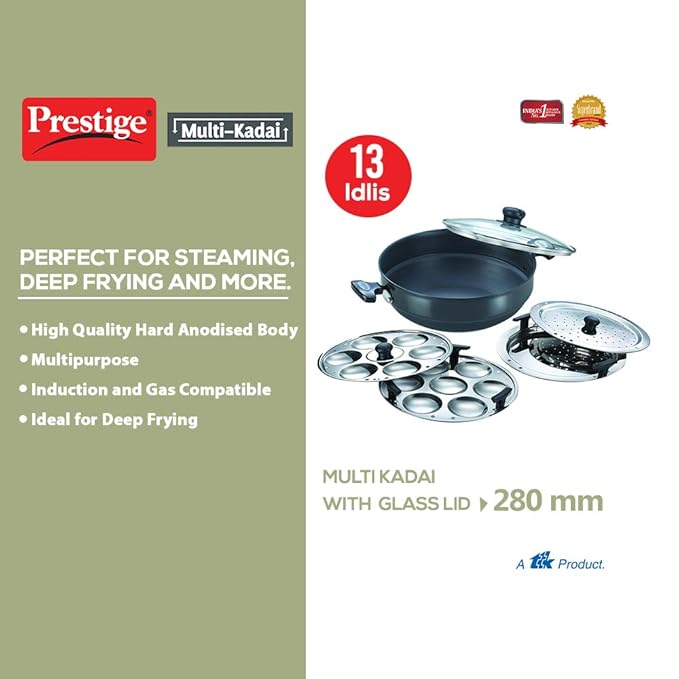Prestige Hard Anodised Multi Kadhai 28 cm Black Induction Base Multi Idli Stand