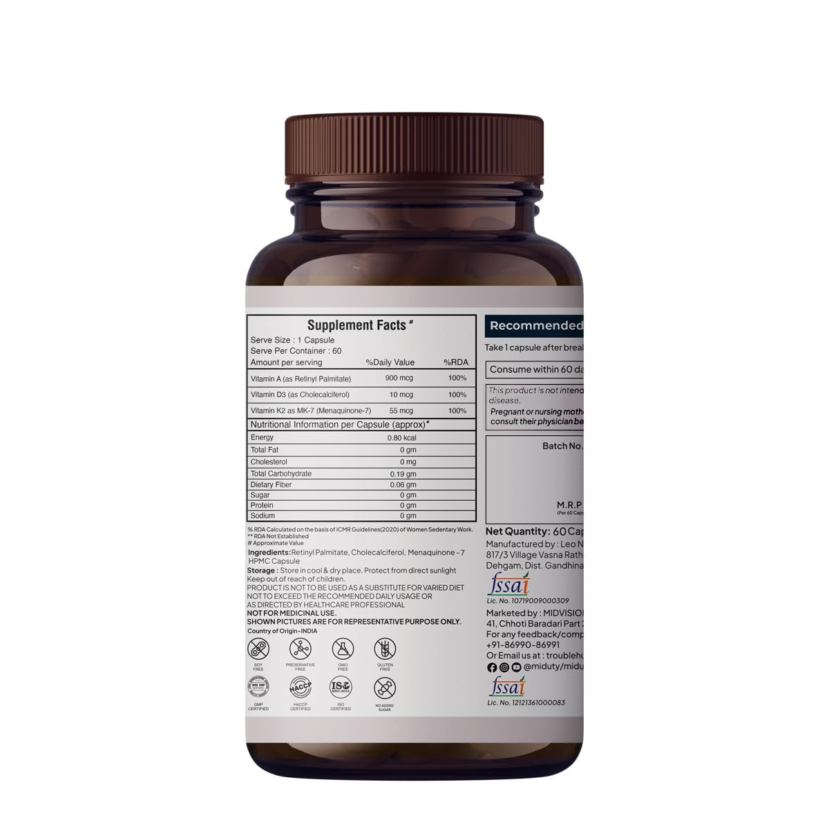 Miduty by Palak Notes Vitamin ADK, Vitamin D3 and K2 Supplements, Cholecalciferol Vitamin D3, Boost Immunity, Stronger Bones, Vitamin ADK Supplement, Immunity Booster Capsule - 60 Capsules