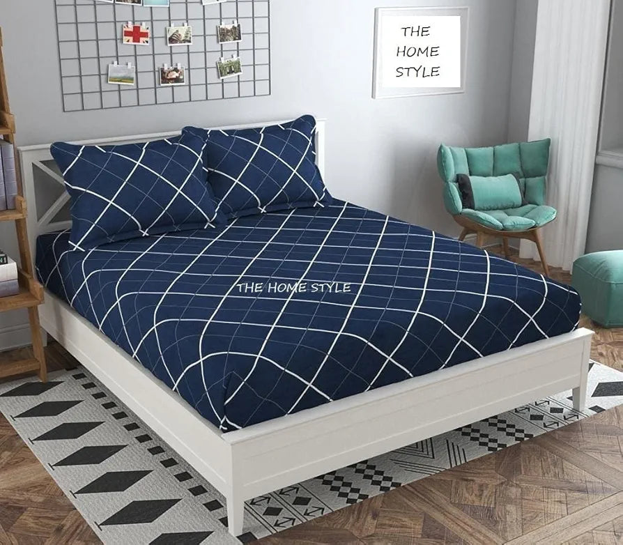 The Home Style Cotton Feel Glace Cotton Printed Double Bed Bedsheet With 2 Pillow Cover 300 TC Navy Blue