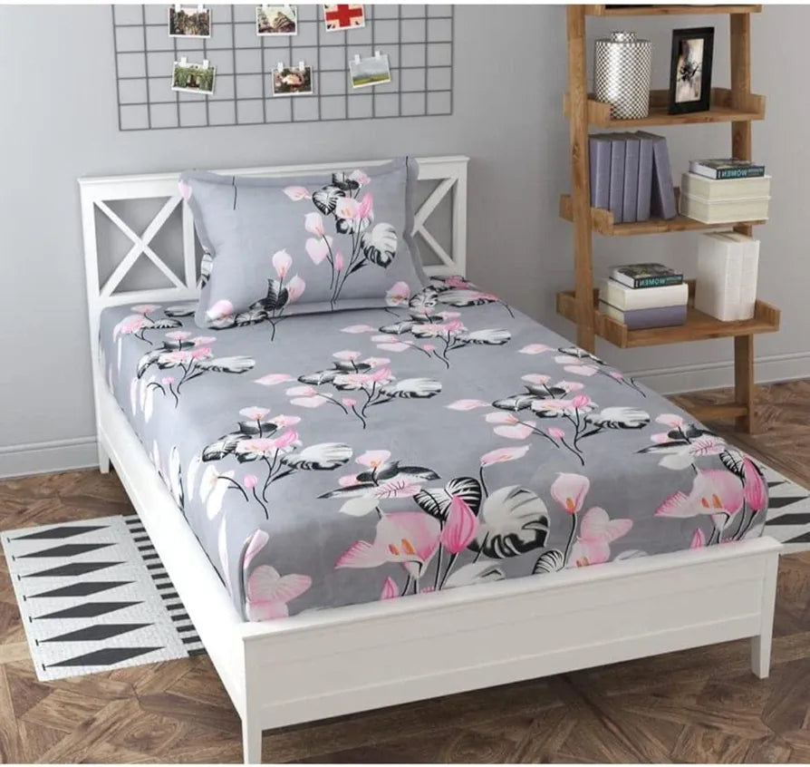 Homefab India 144 TC Microfiber Single BedSheet with 1 Pillow Cover Floral Grey