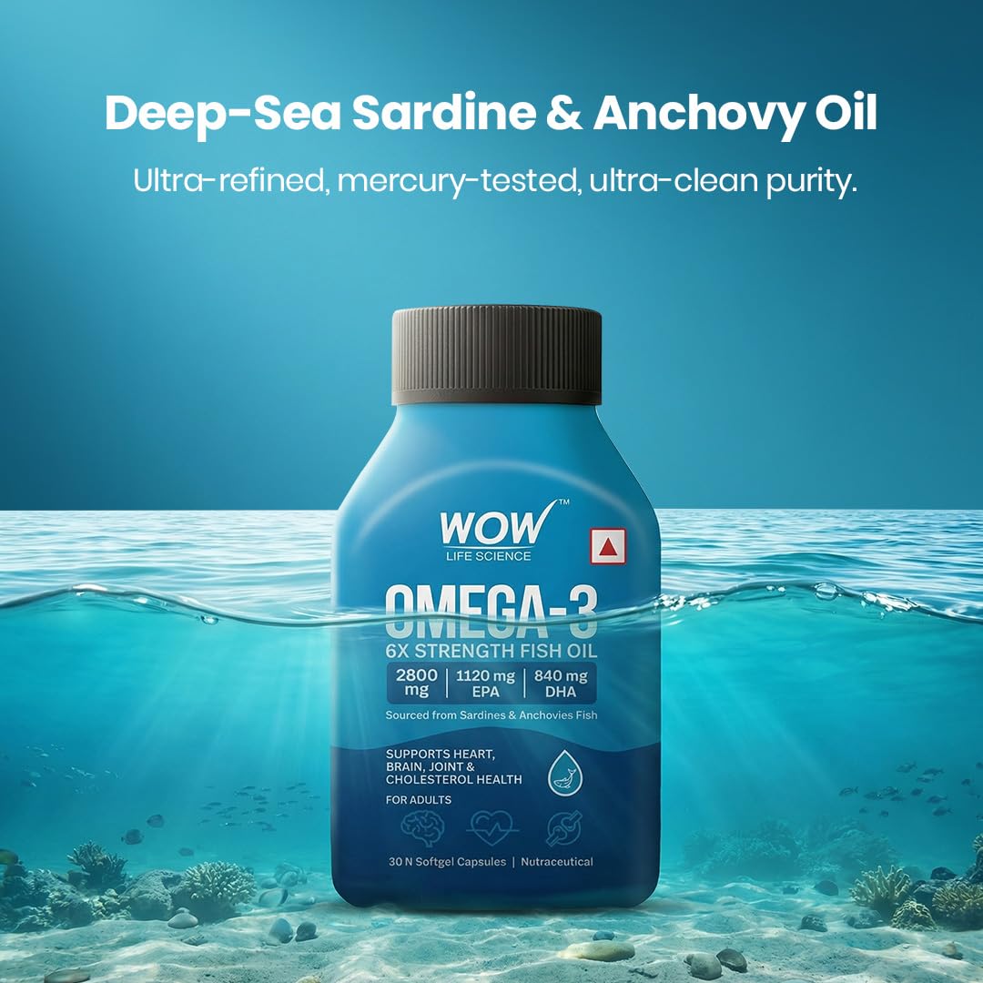 WOW Life Science Omegaâ€‘3 6X Strength Fish Oil Softgel Capsules | 2800 mg Fish Oil with 1120 mg EPA & 840 mg DHA | Supports Heart, Brain & Joint Health | Sourced from Sardines & Anchovies | 30 Softgel Capsules