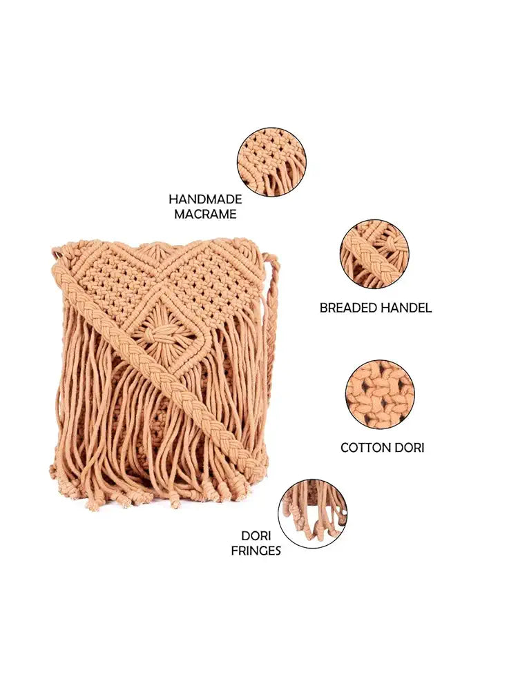 Astrid Handmade Macrame Flap Over Sling Bag For Girls And Women Colour Dusky Brown