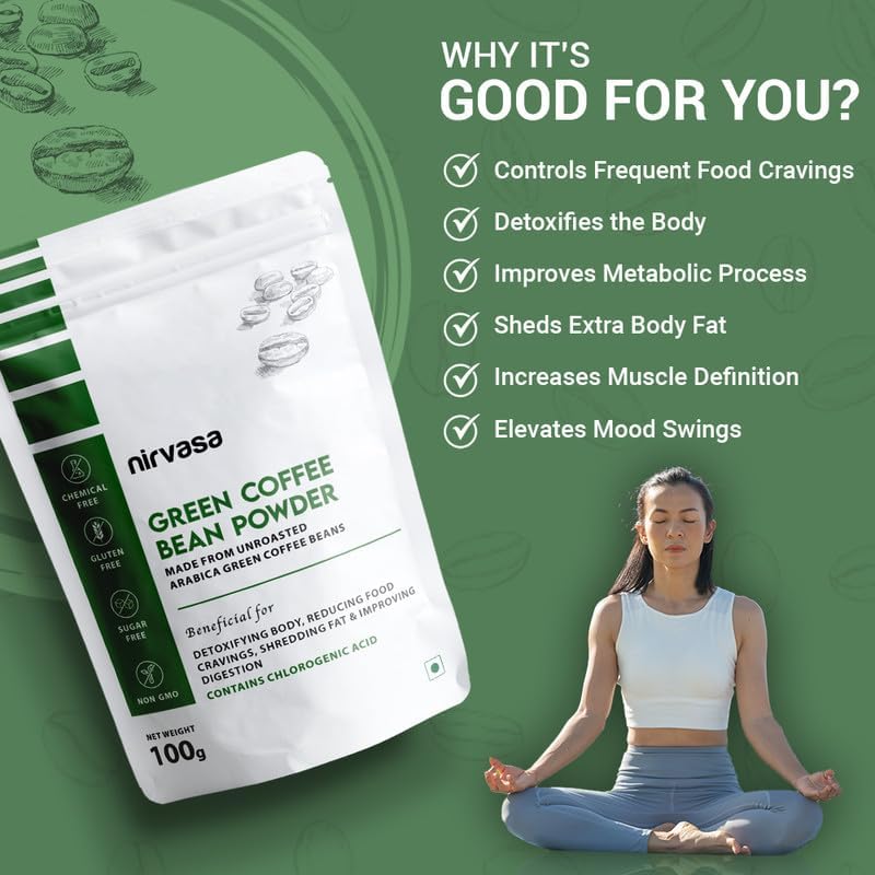 Nirvasa Pure Green Coffee Bean Powder for Weight Loss & Detox | Natural Fat Burner with Chlorogenic Acid | Boosts Metabolism, Energy & Fitness | Unroasted Arabica Extract Powder, 100g