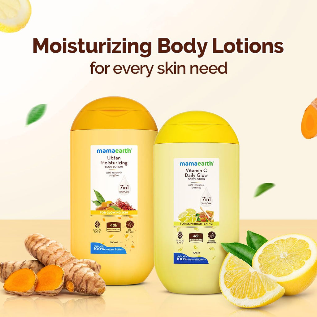 Mamaearth Ubtan Moisturizing Body Lotion with Turmeric & Saffron for Glowing Skin - 100 ml |48H Moisturization | Nourishes Dry Skin | 7in1 Total Care | 100% Natural Butter | Non-Greasy Smooth Skin