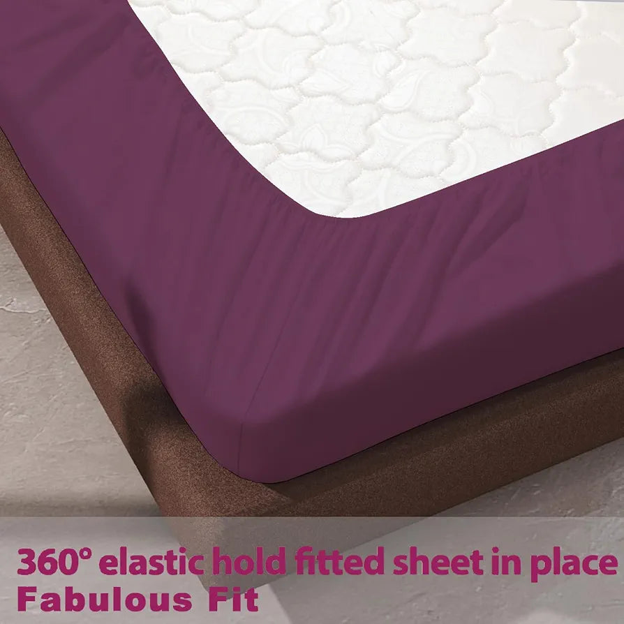 Trance Home Linen 100% Cotton 78x72 inch King Elastic Fitted Bedsheet 400TC Soft Durable Plain Bed Sheet with 2 Pillow Covers Colour Plum
