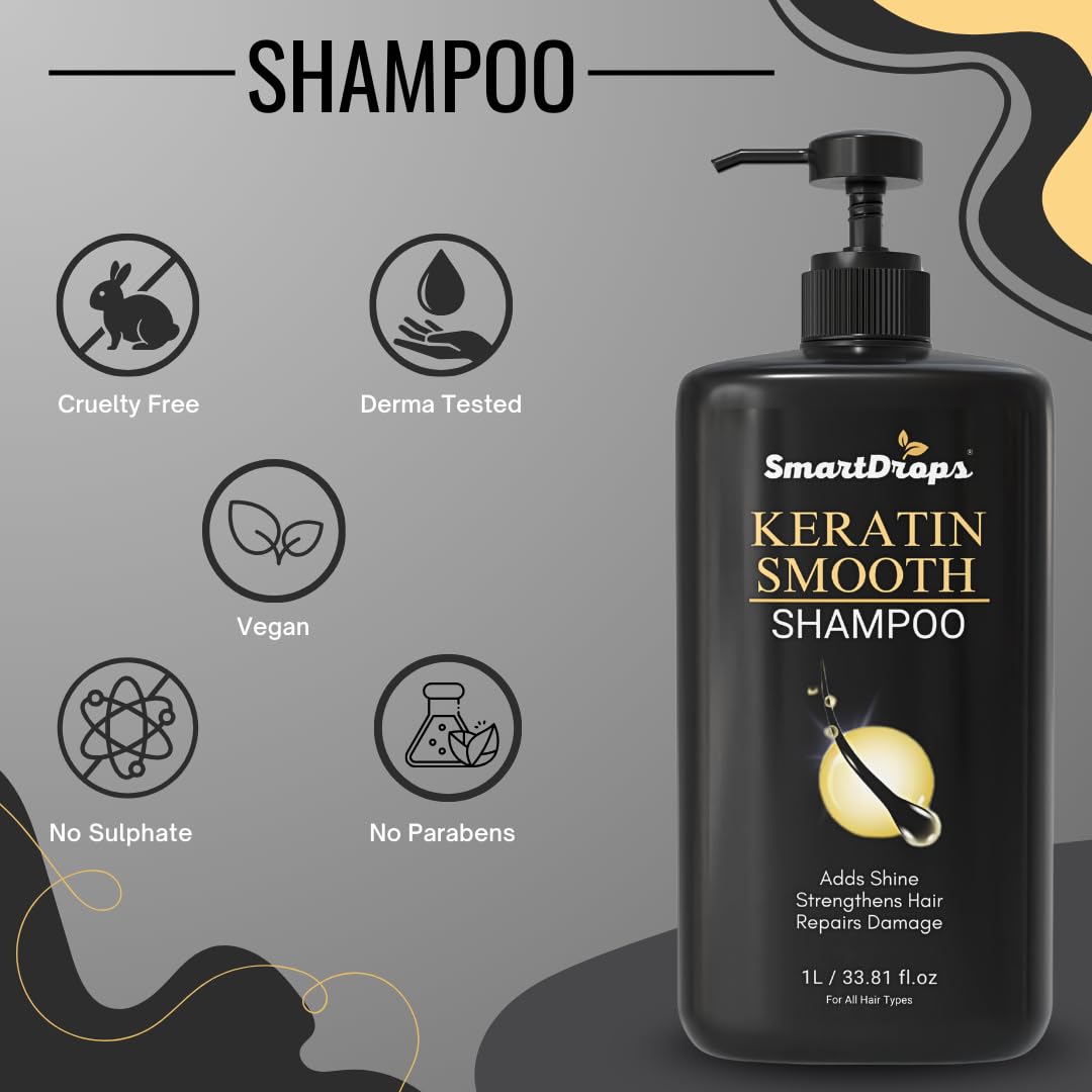 Smartdrops Keratin Shampoo for Frizzy & Dry Hair | Dandruff Care & Hair Fall Control | Repairs Damaged Hair | For Men & Women’s Hair Shampoo | 1 Ltr