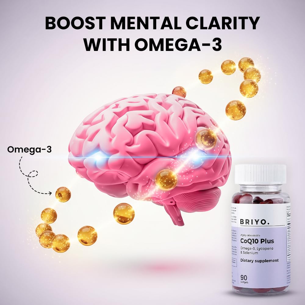 Briyo Highly absorbable CoQ10 100 mg Plus Omega-3 with Natural Form of Lycopene and Selenium, Heart Health Supplement (90 softgels)