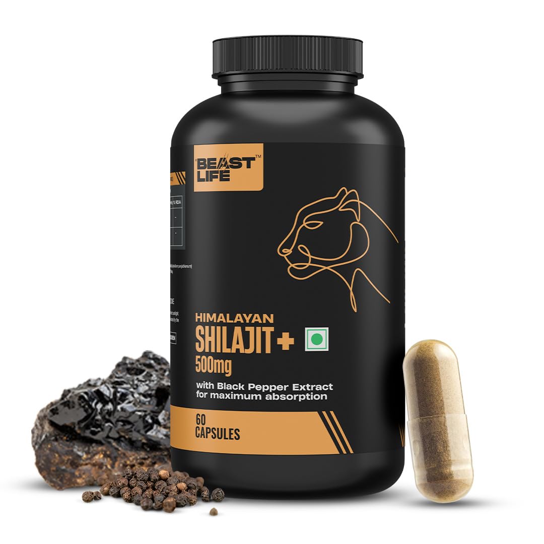 BeastLife Himalayan Shilajit | Pure & Potent Shilajit Supplement | Improve Muscle Strength, Enhances Stamina, Energy & Power | Supports Faster Recovery | Natural & Organic Shilajeet (60 Capsules)