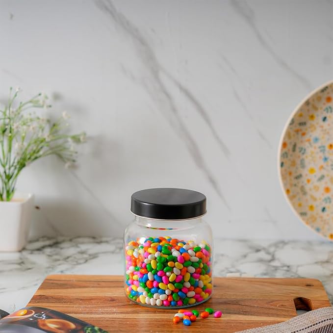 Femora Kitchen Storage Jars Clear Glass Jar With Steel Lid Air Tight Jar | 700 Ml | Pack of 1 | Black Lid