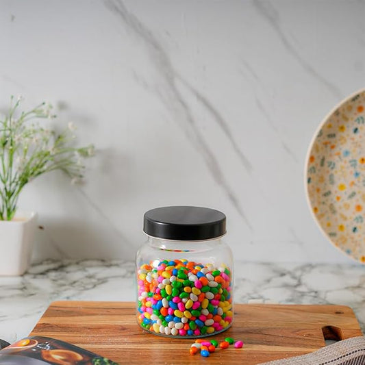 Femora Kitchen Storage Jars Clear Glass Jar With Steel Lid Air Tight Jar | 700 Ml | Pack of 1 | Black Lid