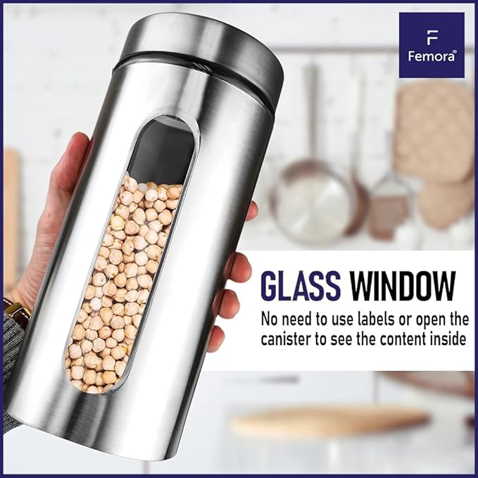 Femora Kitchen Storage Jars Steel Body With See Through Window Jar | 1000 Ml | Pack of 4