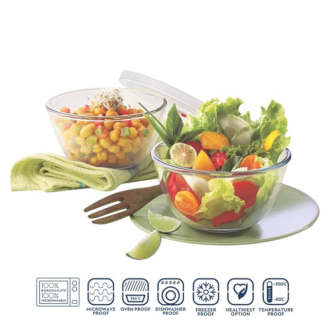 Borosil Glass Mixing & Serving Bowls With Lids | Oven & Microwave Safe Bowl | Set of 2 | 900 ml Each