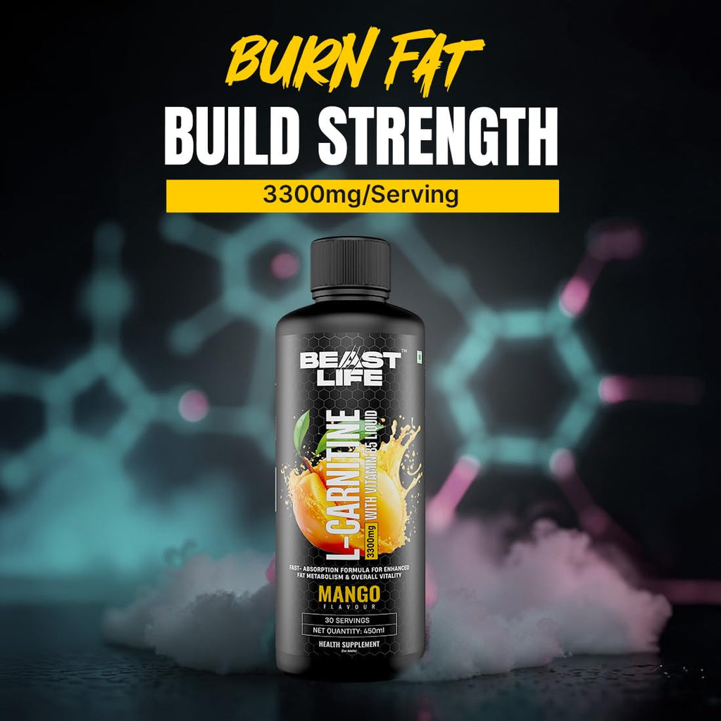 BeastLife L-Carnitine Liquid | 3300mg (Mango Flavor, 450 ml, 30 Servings) Converts Fat to Energy | Triple Strength Formula | Supports Weight Loss | With Vitamin B5 | No Added Sugar