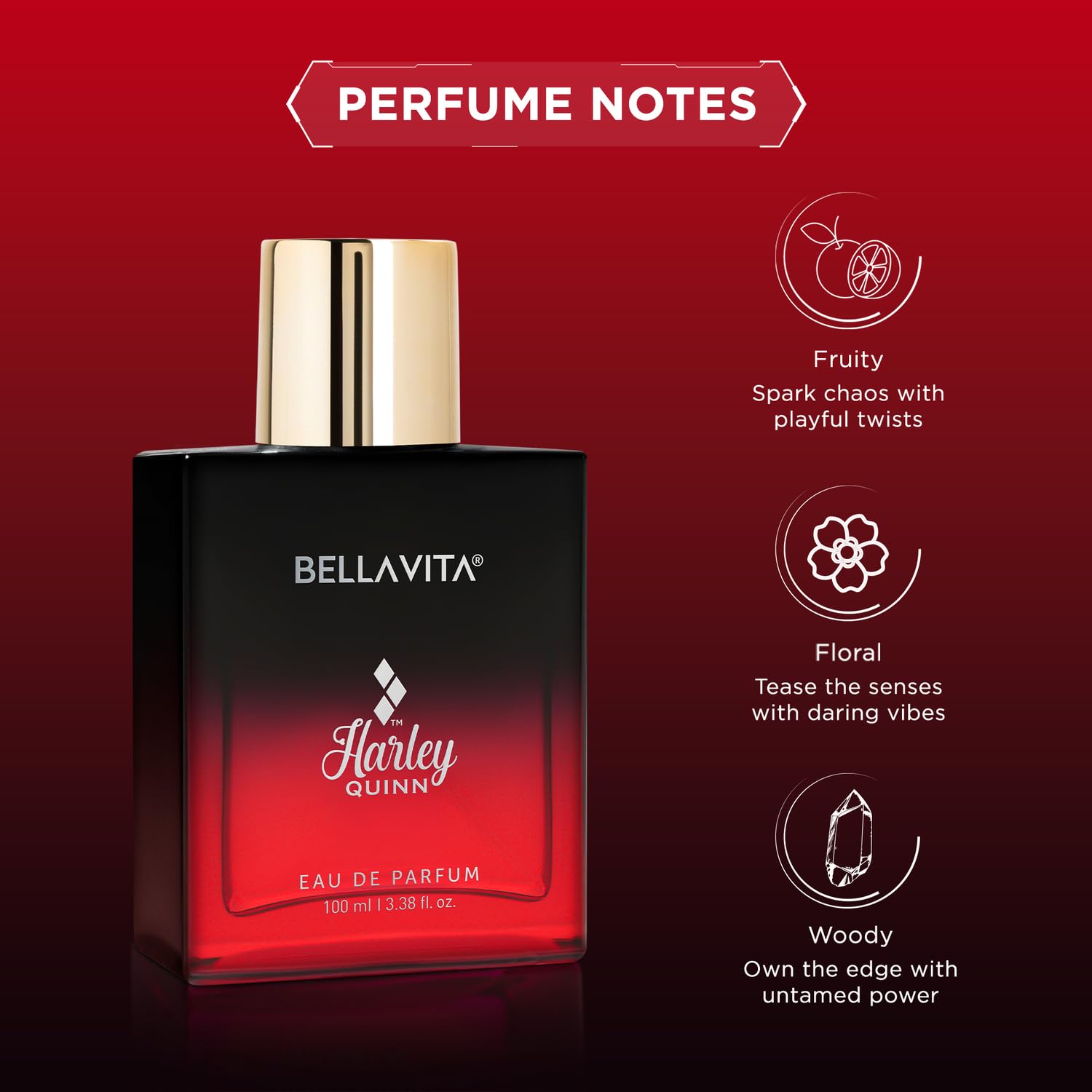 BELLAVITA HARLEY QUINN | Long Lasting EDP 100ml Perfume for Woman | Red Fruits, Jasmine and Patchouli | Premium Fragrance for Women