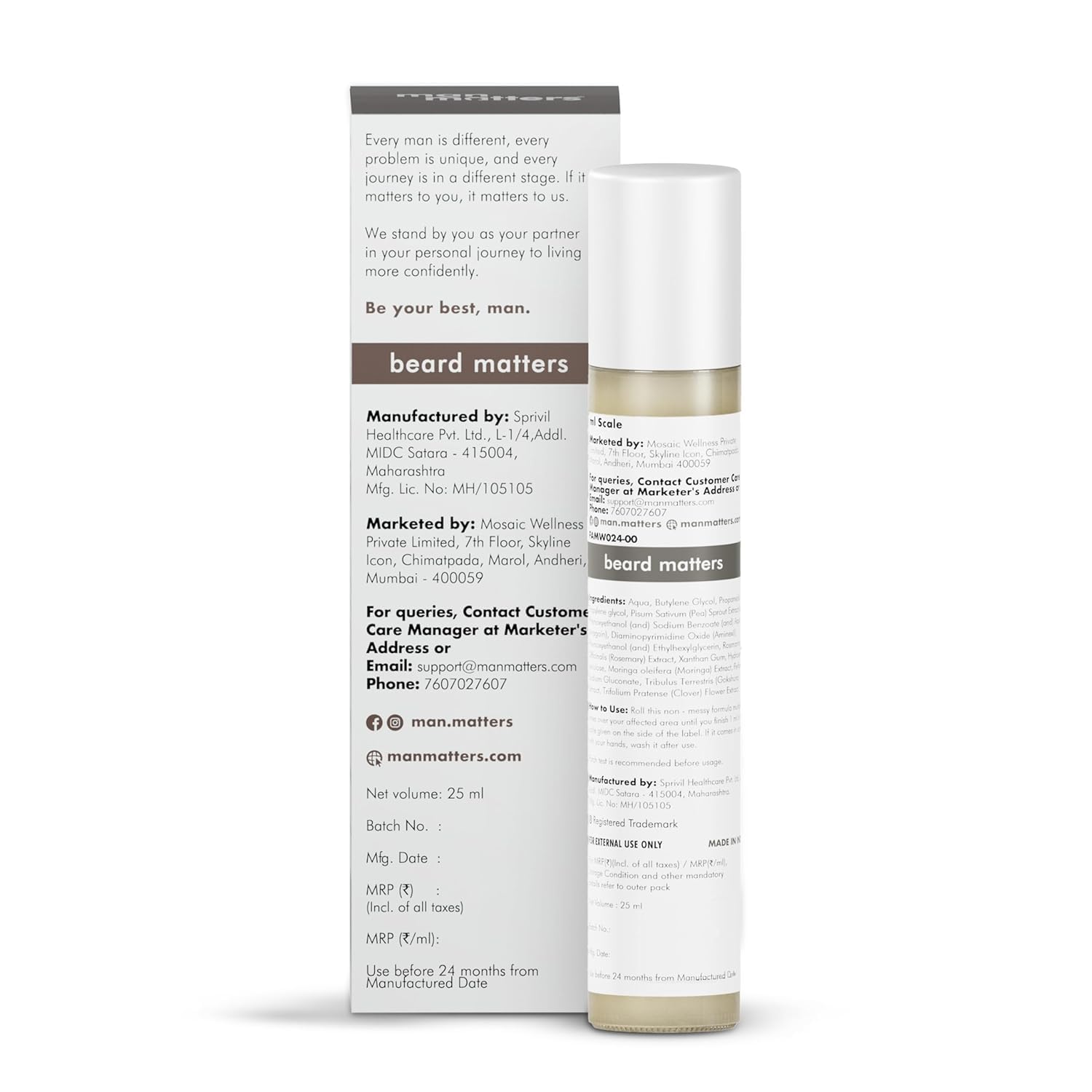 Man Matters BeardGro Serum Roll On 25ml | 4% Anagain, 2% Aminexil & 1% Rosemary | For Stronger, Fuller & Thicker Beard | Solves Uneven & Patchy Beard | Lightweight, Fast Absorption