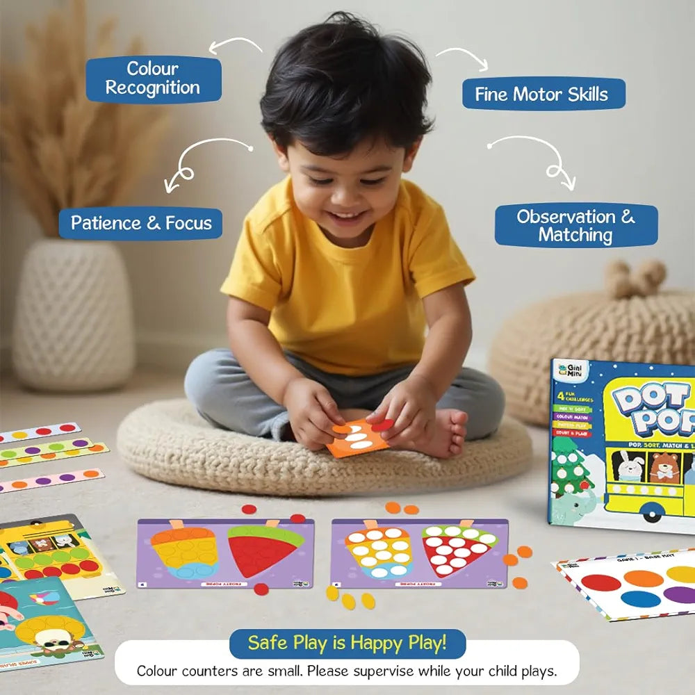 GiniMini DOT POP Activity Kit for Kids 2–5 150+ Elements Colour Counting Sorting & Matching Games Early Learning Motor Skills Reusable Mess-Free & Screen-Free Fun