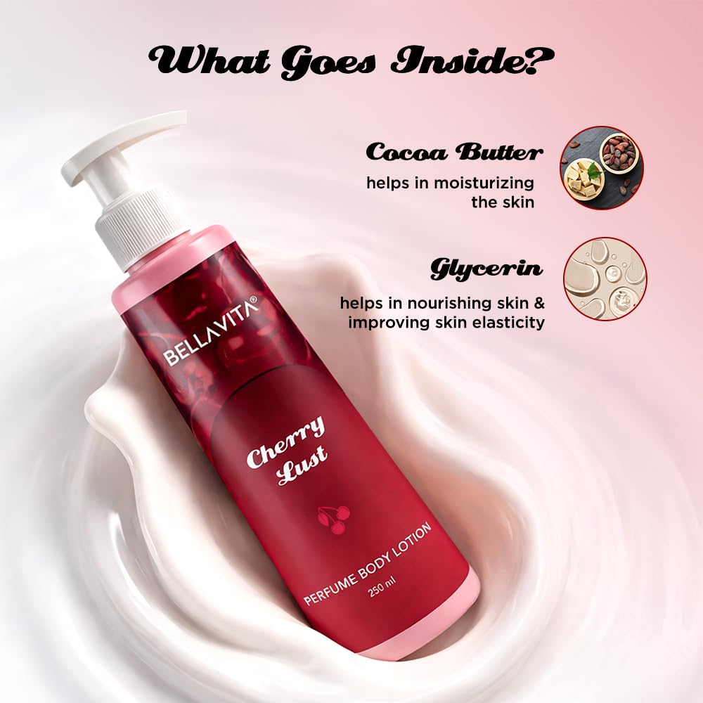 BELLAVITA Cherry Lust | Perfume Body Lotion for Man and Woman | Long-lasting Hydration | Soft & Smooth Skin | Long-lasting Scent | Paraben-free | Infused with Cocoa Butter & Glycerin | 250ml
