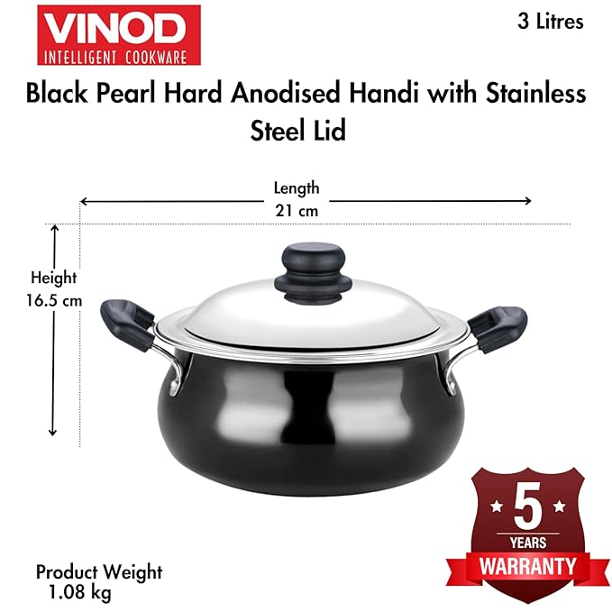 Vinod Black Pearl Hard Anodised Non Stick Handi with Lid - 3 Litre, Junior | 3.25mm Thickness | Biryani Pot