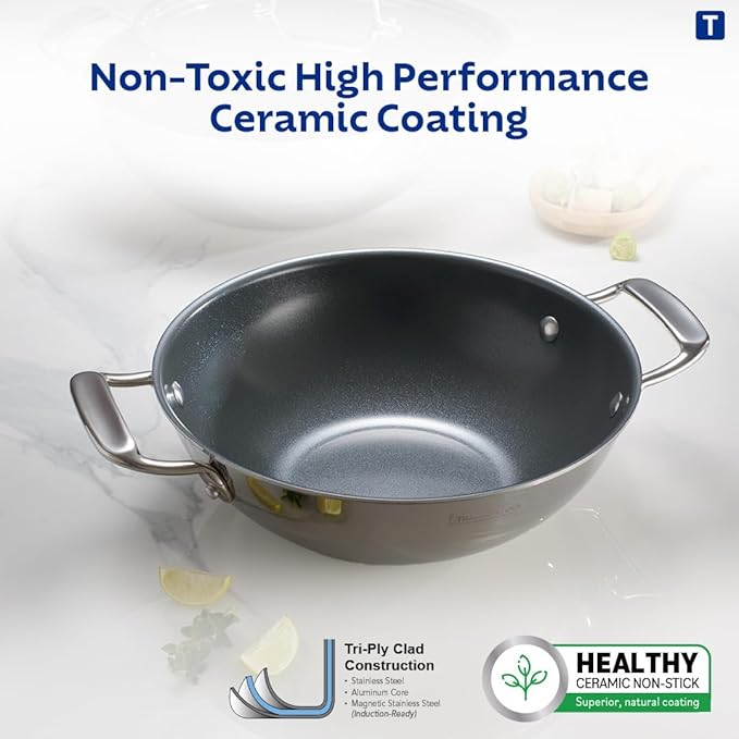 Tramontina Fusao Healthy Triply Ceramic 20cm/1.7L Kadai with SS 304 lid