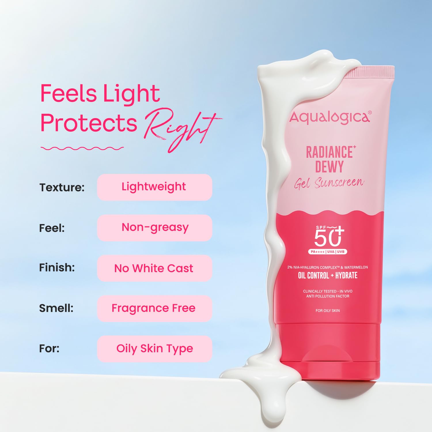 Aqualogica Radiance+ Dewy Gel Sunscreen SPF 50+ PA++++, 80g | 2% Nia-Hyaluron Complex | Broad Spectrum UVA/UVB & Blue Light Protection | Fragrance-Free | No White Cast | Lightweight | Anti-Pollution | For Men & Women