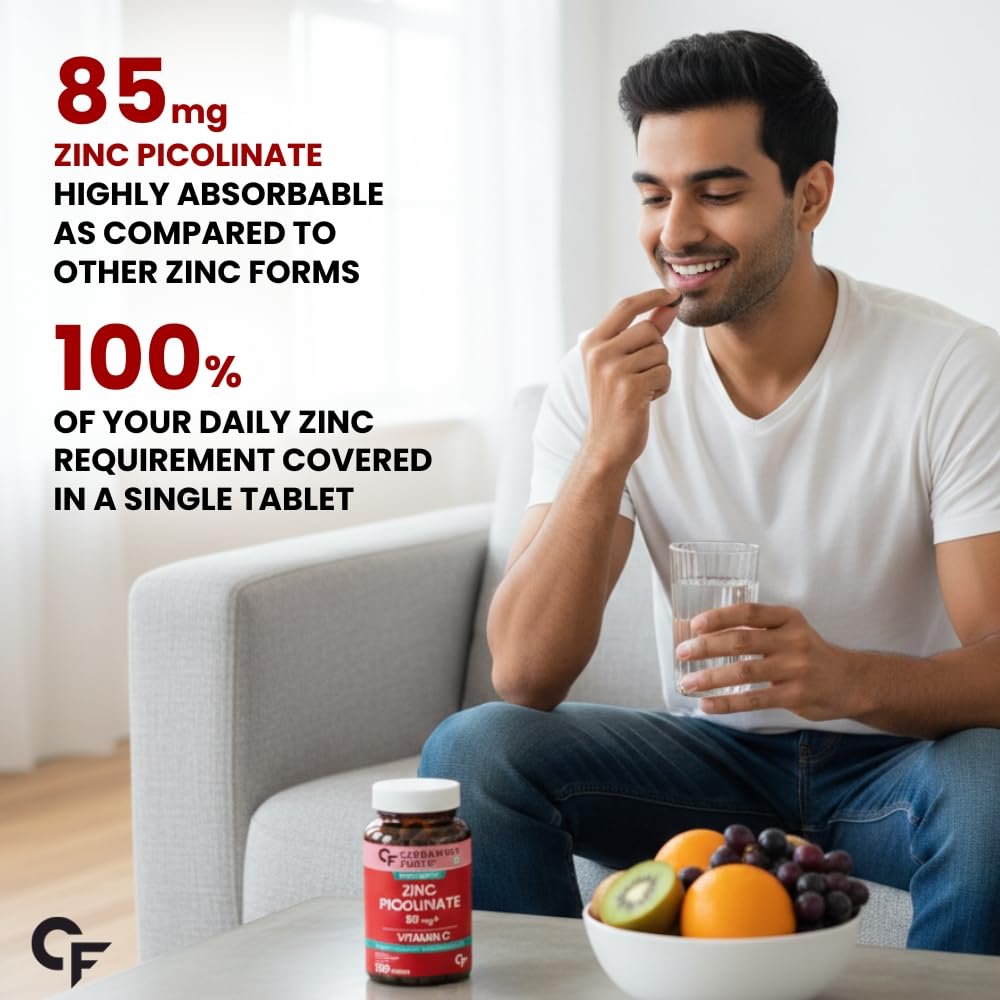 Carbamide Forte Zinc Picolinate with Vitamin C | Zinc Supplements for Men with 100% RDA Zinc | Immunity & Cellular Health Support â€“ 120 Tablets