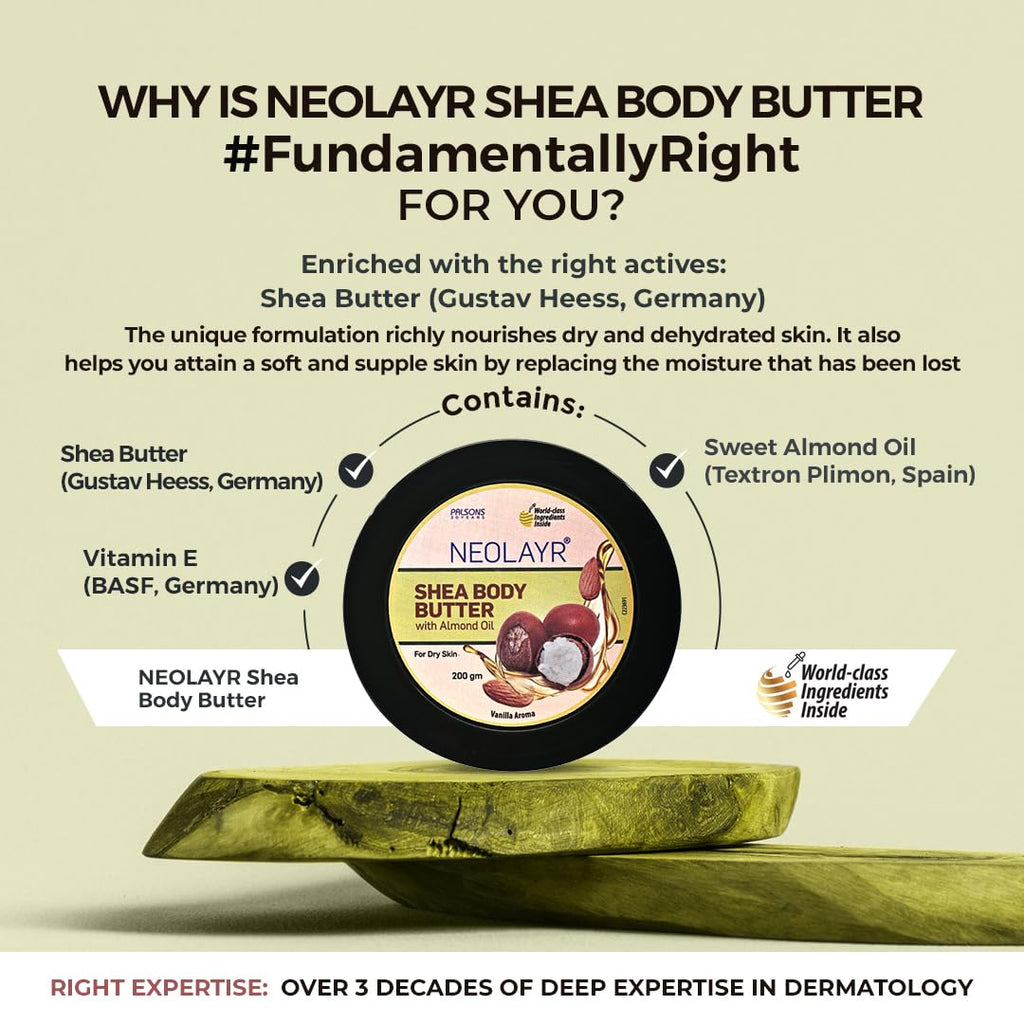 NEOLAYR SHEA BODY BUTTER 200 GM - Neolayr Pro Shea Body Butter with Sweet Almond Oil, richly nourishes dry, dehydrated skin, giving way to soft and supple skin