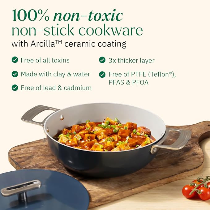 Ember Cookware Arcilla Ceramic Non Stick Kadai 24cm | Metallic Lid | Stainless Steel Handles | Capri Series | Green